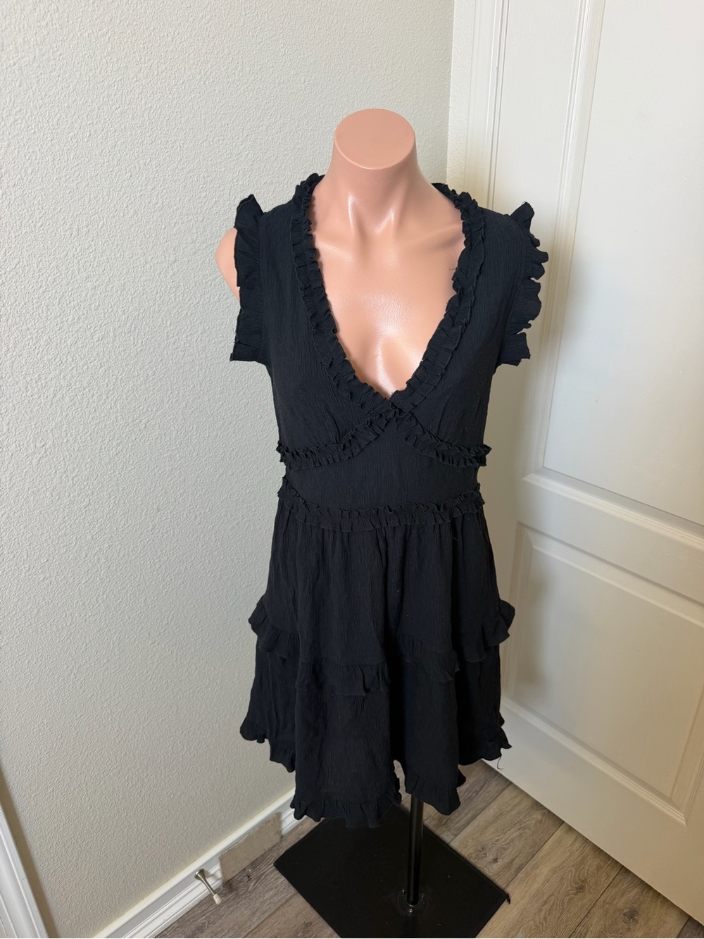 Pinch Black Ruffle-Trim V-Neck Midi Dress